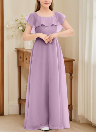 A-Line Square Neckline Short Sleeves Floor-Length Chiffon Junior Bridesmaid Dresses With Pockets/Shoulder Ruffle