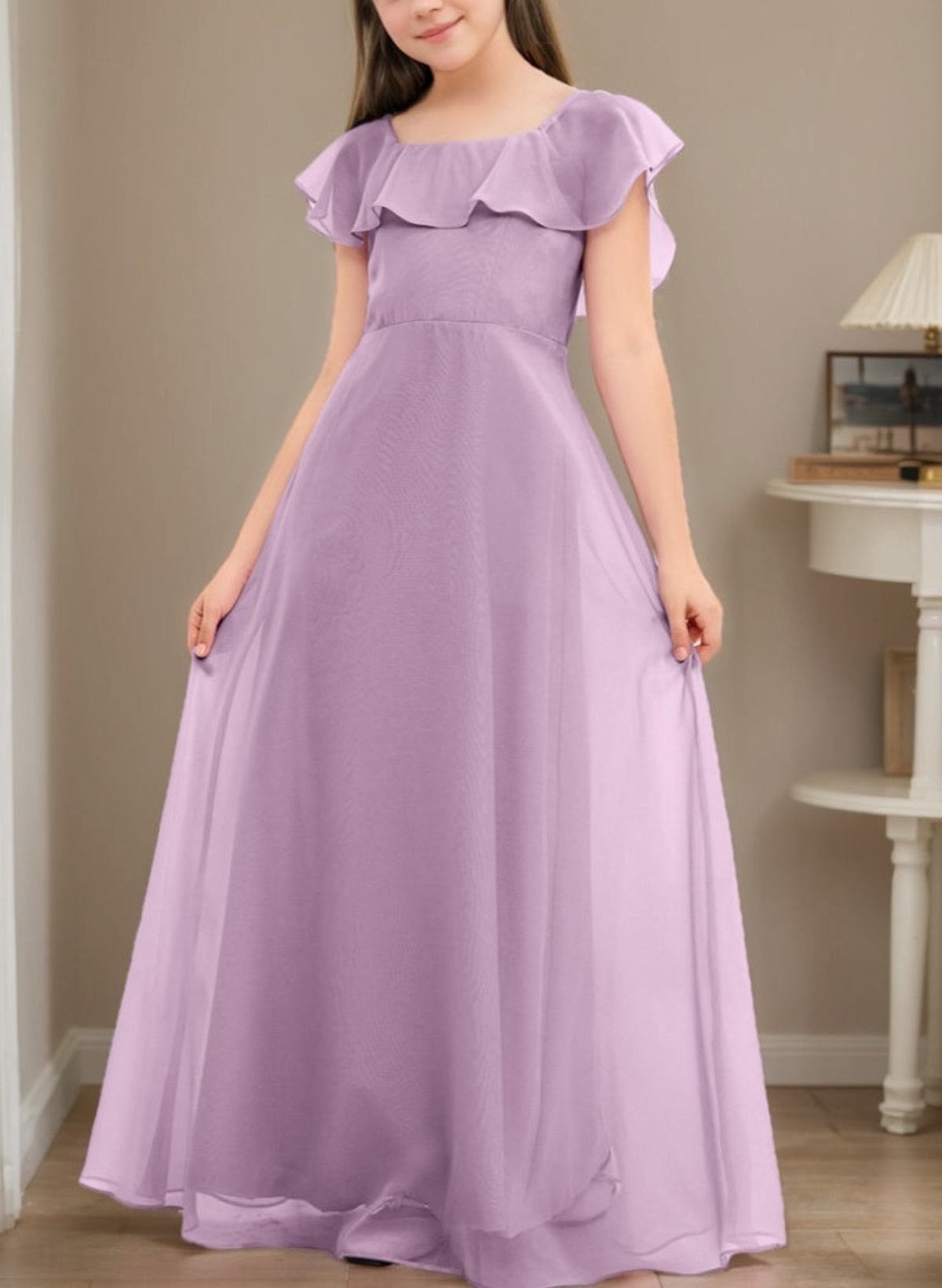 A-Line Square Neckline Short Sleeves Floor-Length Chiffon Junior Bridesmaid Dresses With Pockets/Shoulder Ruffle