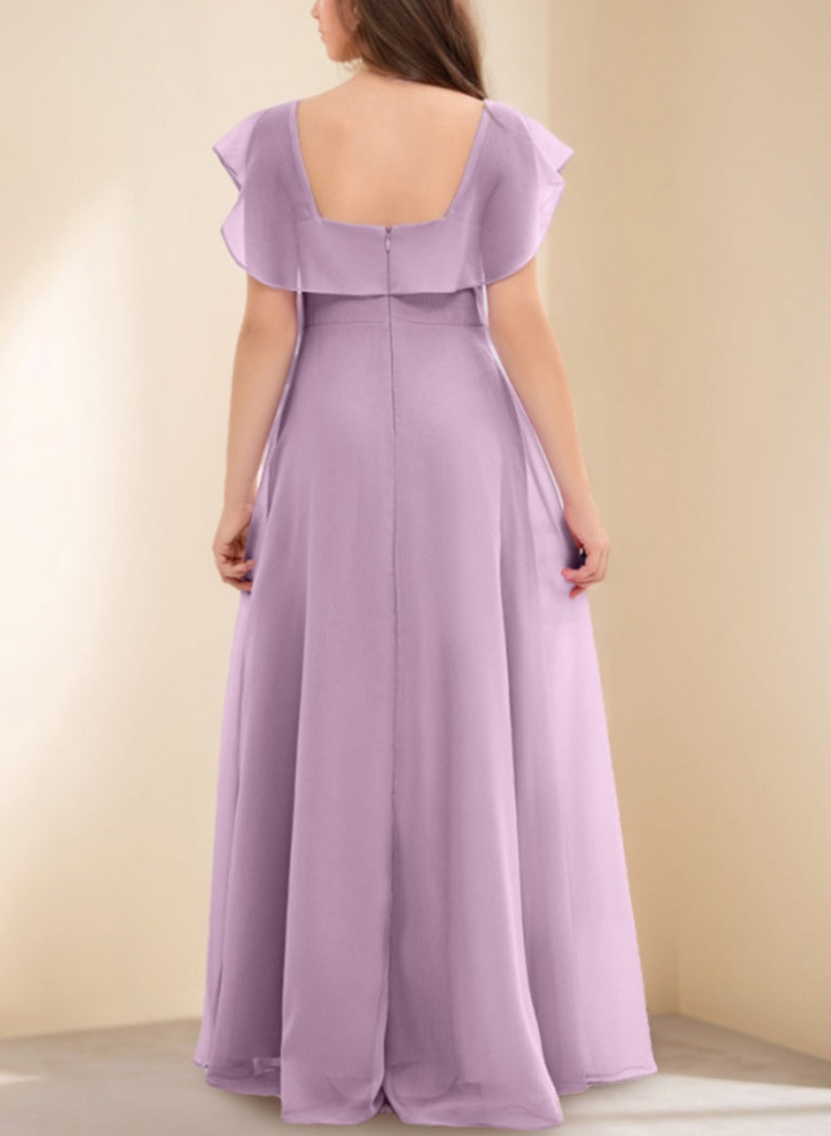 A-Line Square Neckline Short Sleeves Floor-Length Chiffon Junior Bridesmaid Dresses With Pockets/Shoulder Ruffle