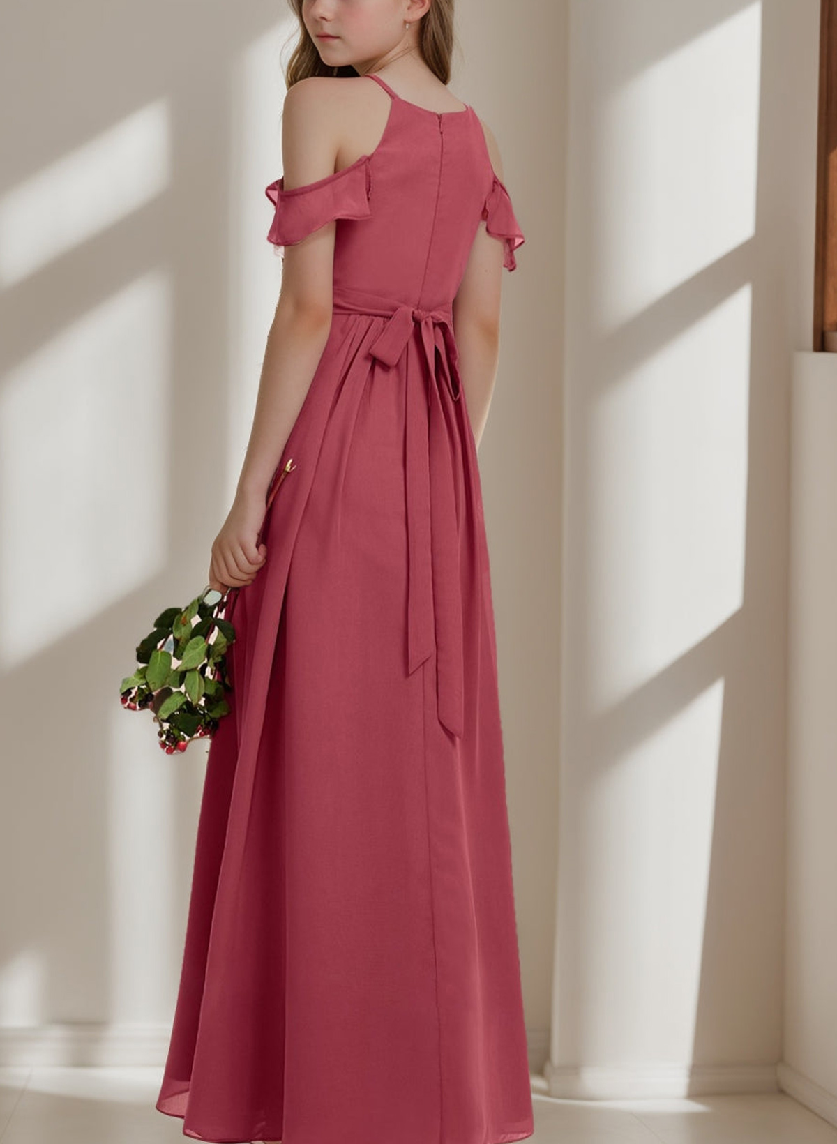 A-Line Off-The-Shoulder Sleeveless Floor-Length Chiffon Junior Bridesmaid Dresses With Pockets/Pleated/Shoulder Ruffle