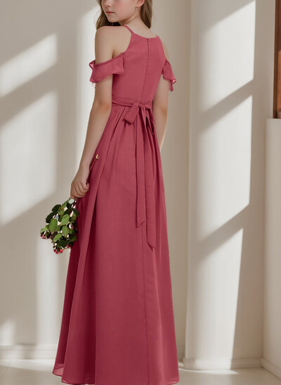 A-Line Off-The-Shoulder Sleeveless Floor-Length Chiffon Junior Bridesmaid Dresses With Pockets/Pleated/Shoulder Ruffle