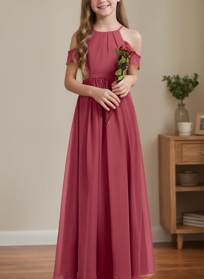 A-Line Off-The-Shoulder Sleeveless Floor-Length Chiffon Junior Bridesmaid Dresses With Pockets/Pleated/Shoulder Ruffle