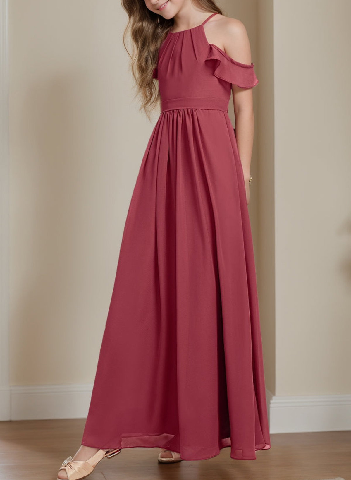 A-Line Off-The-Shoulder Sleeveless Floor-Length Chiffon Junior Bridesmaid Dresses With Pockets/Pleated/Shoulder Ruffle