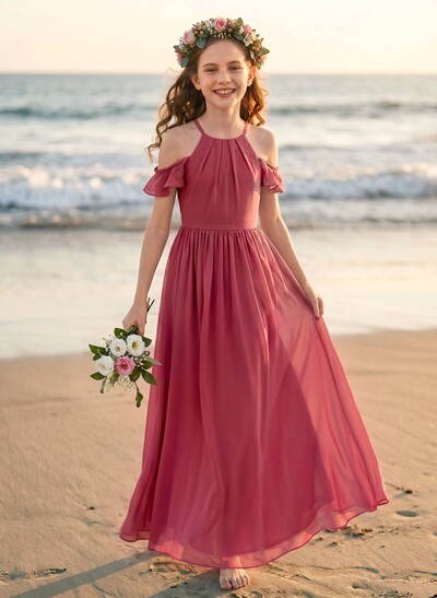 A-Line Off-The-Shoulder Sleeveless Floor-Length Chiffon Junior Bridesmaid Dresses With Pockets/Pleated/Shoulder Ruffle