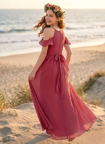A-Line Off-The-Shoulder Sleeveless Floor-Length Chiffon Junior Bridesmaid Dresses With Pockets/Pleated/Shoulder Ruffle