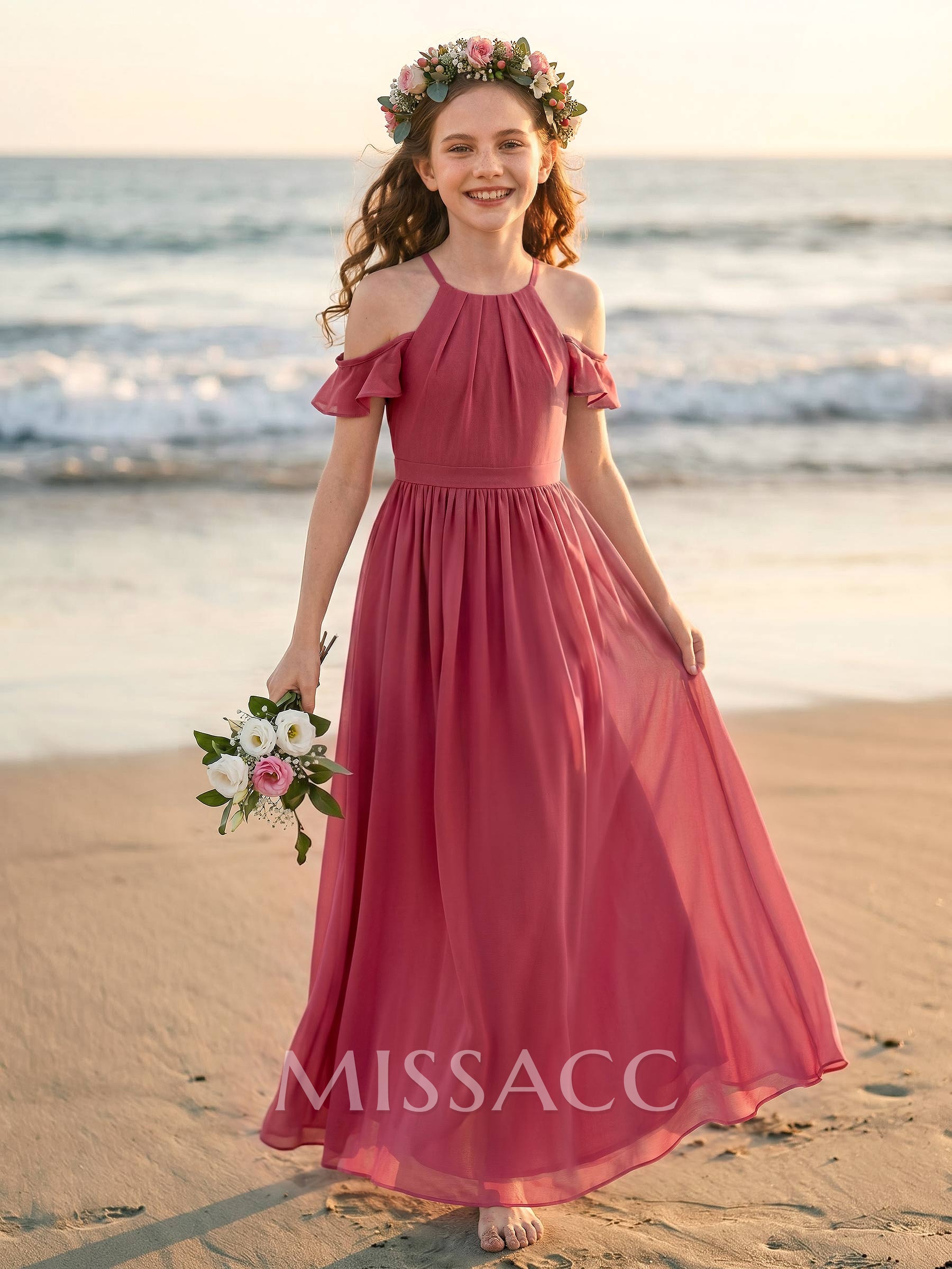 A-Line Off-The-Shoulder Sleeveless Floor-Length Chiffon Junior Bridesmaid Dresses With Pockets/Pleated/Shoulder Ruffle