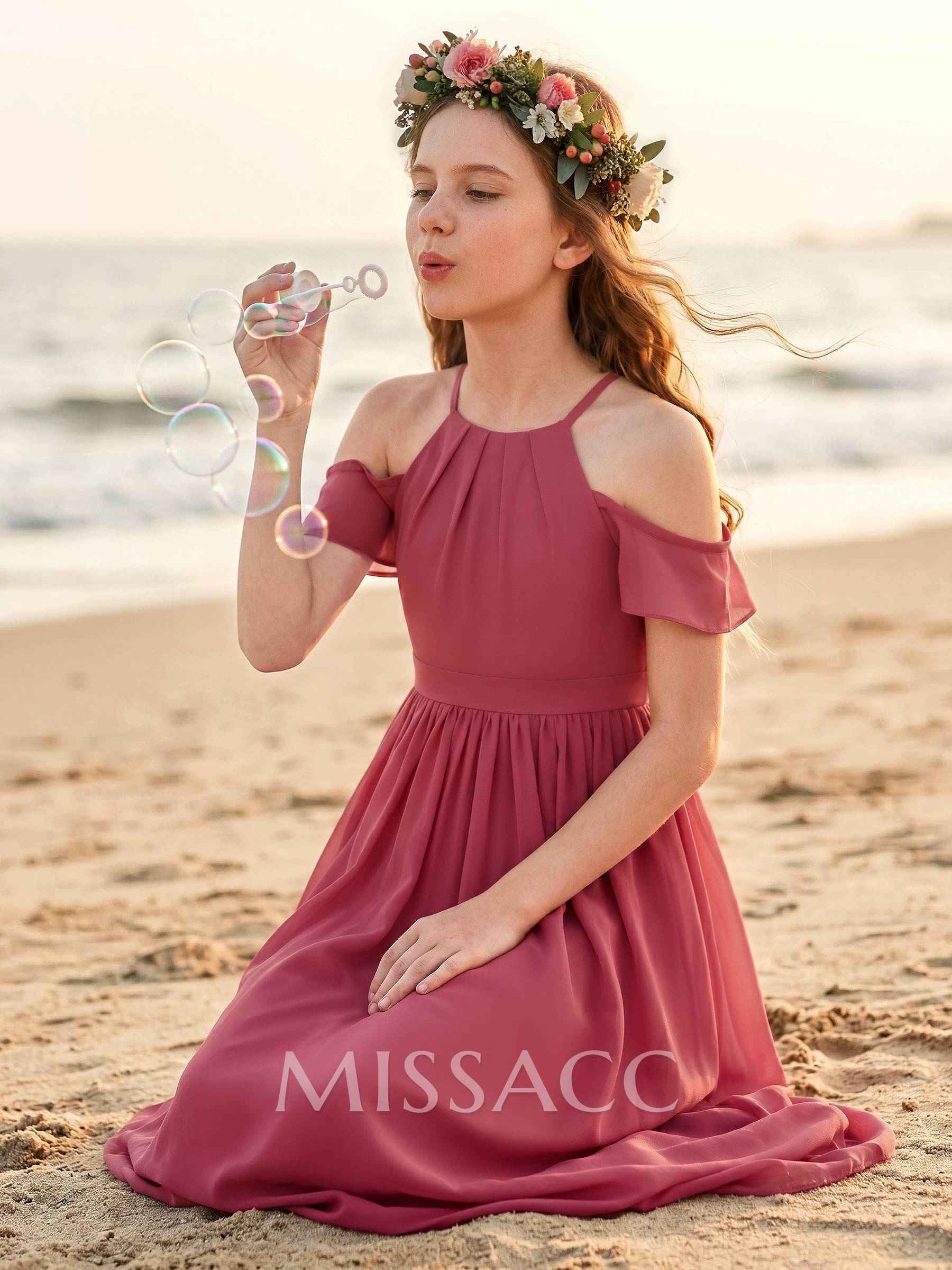 A-Line Off-The-Shoulder Sleeveless Floor-Length Chiffon Junior Bridesmaid Dresses With Pockets/Pleated/Shoulder Ruffle