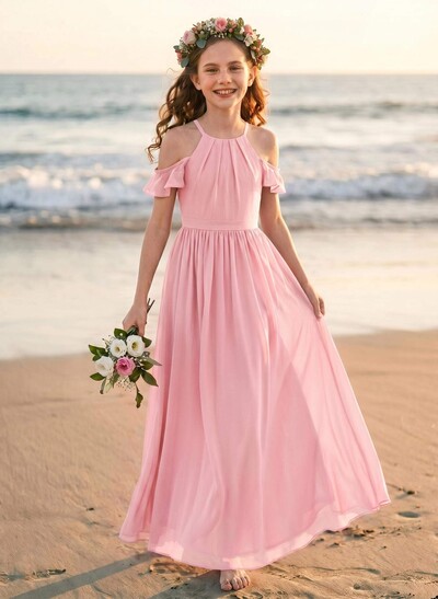 A-Line Off-The-Shoulder Sleeveless Floor-Length Chiffon Junior Bridesmaid Dresses With Pockets/Pleated/Shoulder Ruffle
