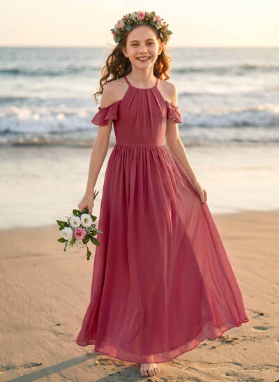 A-Line Off-The-Shoulder Sleeveless Floor-Length Chiffon Junior Bridesmaid Dresses With Pockets/Pleated/Shoulder Ruffle