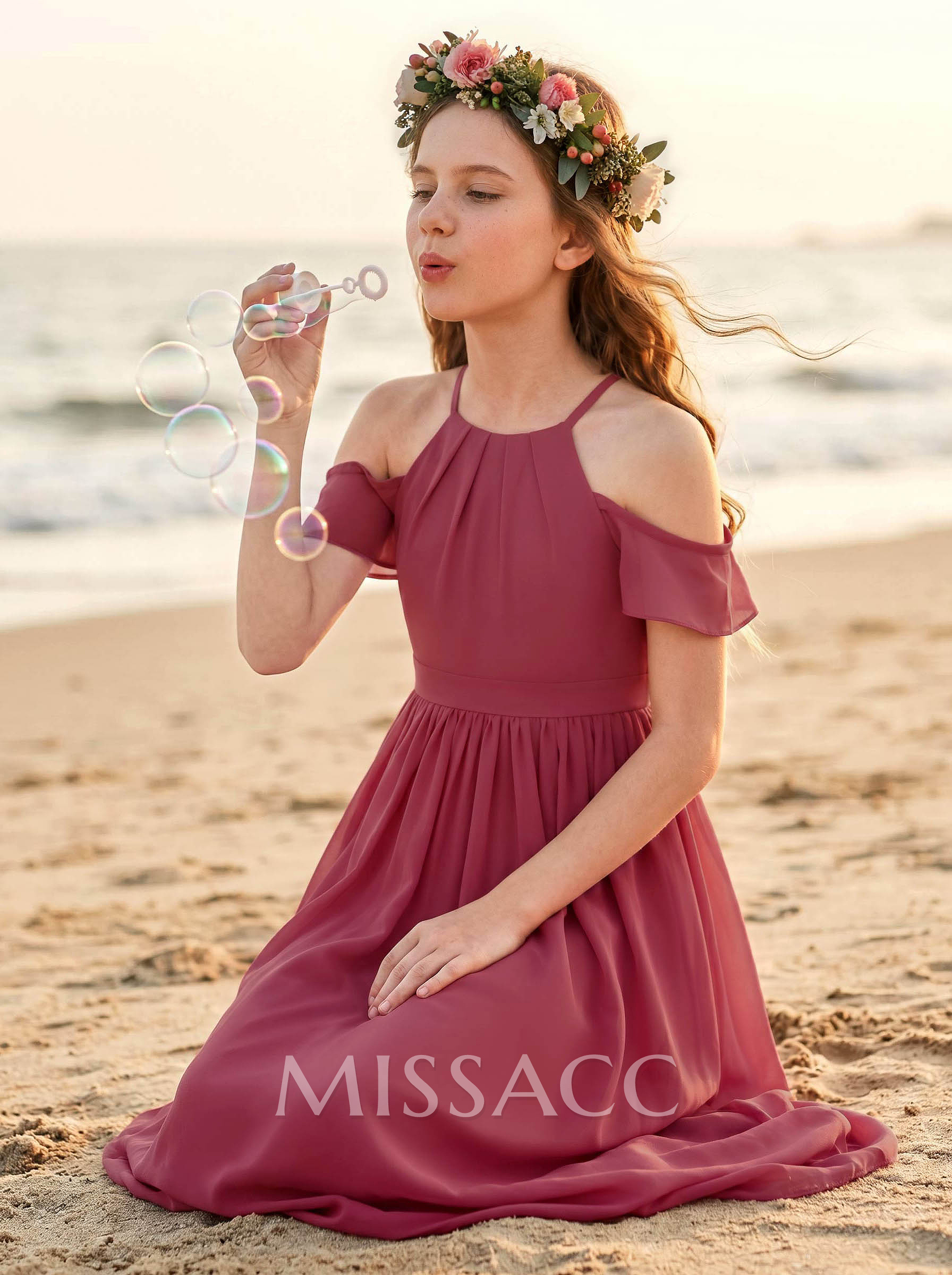 A-Line Off-The-Shoulder Sleeveless Floor-Length Chiffon Junior Bridesmaid Dresses With Pockets/Pleated/Shoulder Ruffle A-Line Off-The-Shoulder Sleeveless Floor-Length Chiffon Junior Bridesmaid Dresses With Pockets/Pleated/Shoulder Ruffle