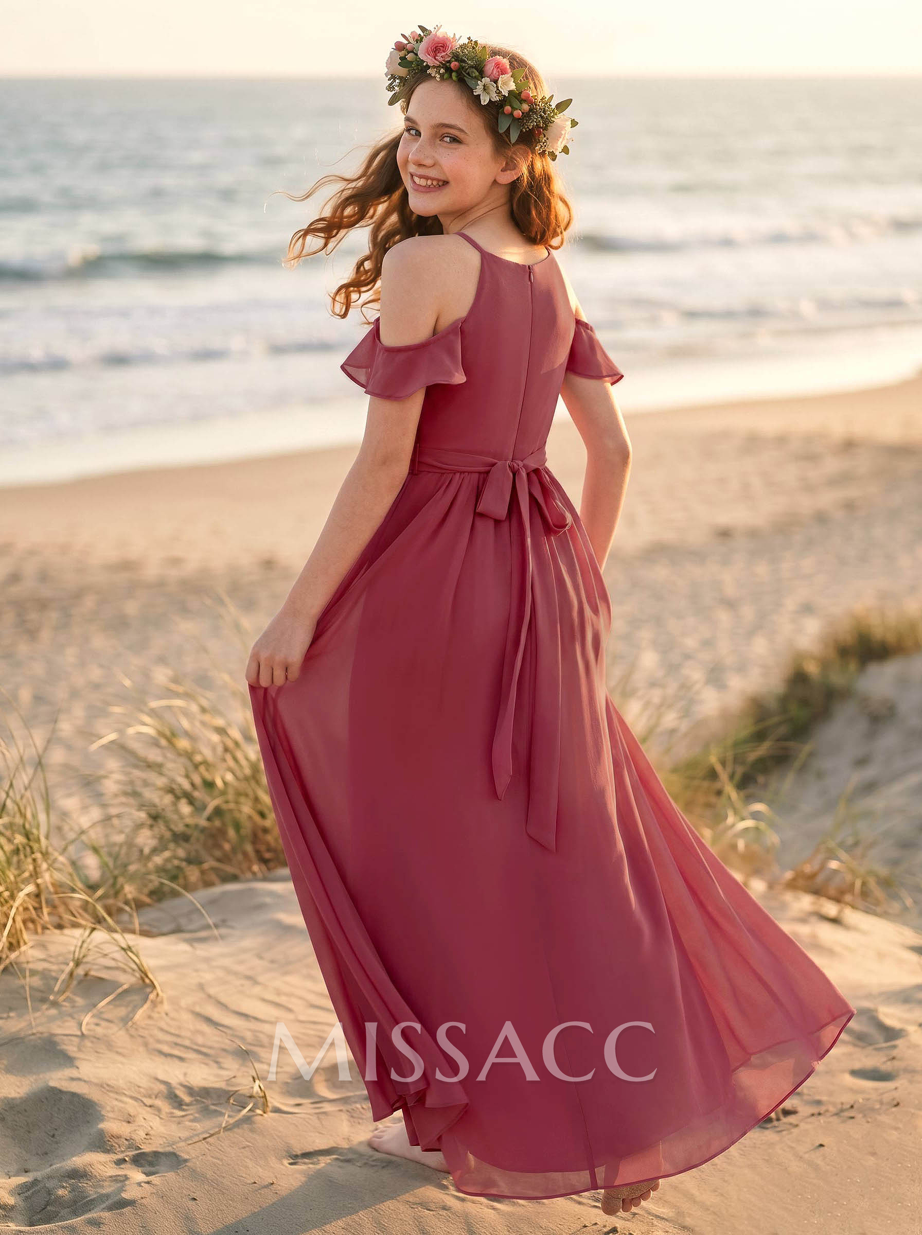 A-Line Off-The-Shoulder Sleeveless Floor-Length Chiffon Junior Bridesmaid Dresses With Pockets/Pleated/Shoulder Ruffle A-Line Off-The-Shoulder Sleeveless Floor-Length Chiffon Junior Bridesmaid Dresses With Pockets/Pleated/Shoulder Ruffle