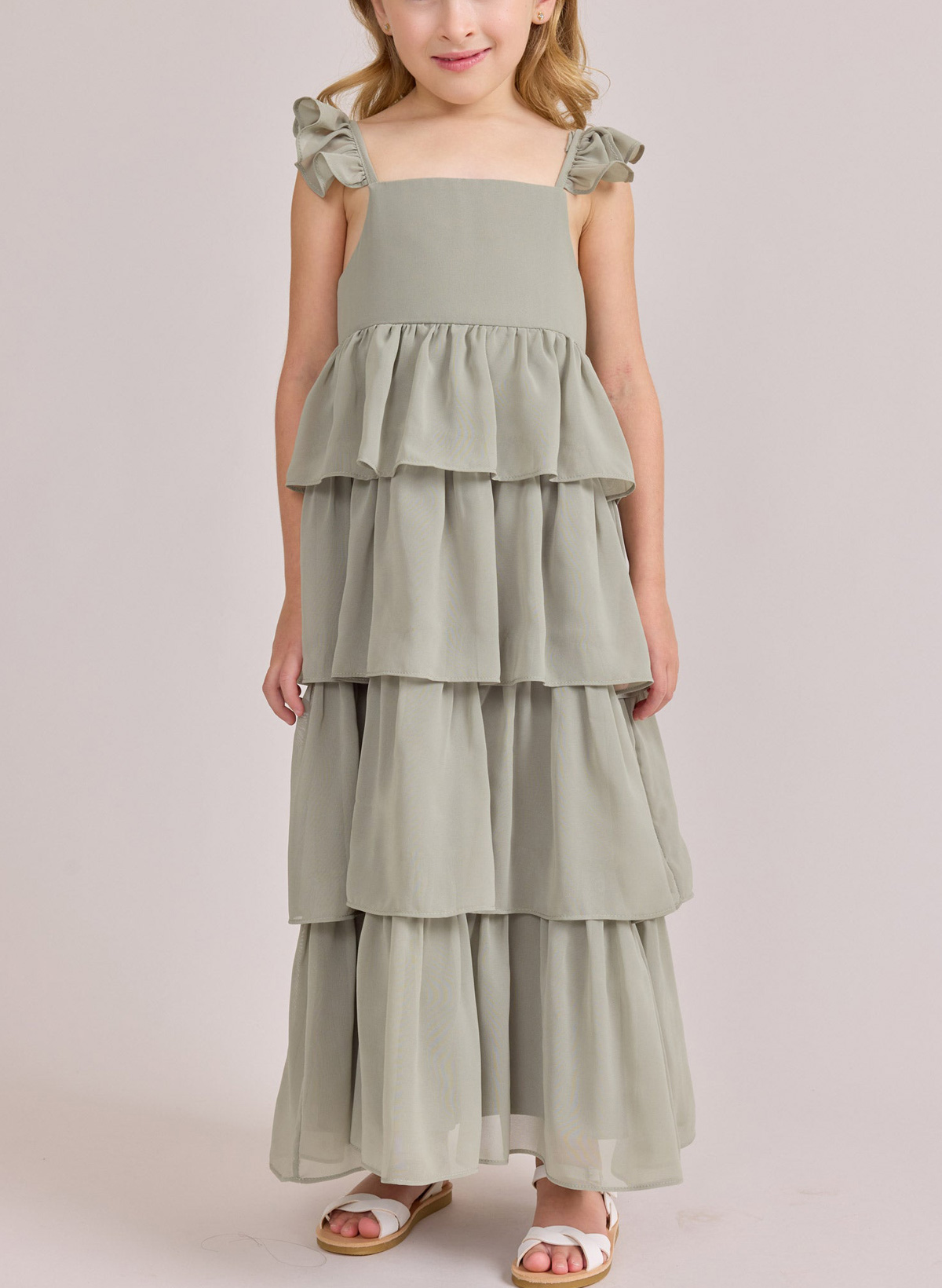 A-Line Square Neckline Sleeveless Floor-Length Chiffon Junior Bridesmaid Dresses With Cascading Ruffles