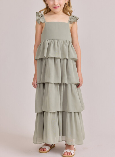 A-Line Square Neckline Sleeveless Floor-Length Chiffon Junior Bridesmaid Dresses With Cascading Ruffles