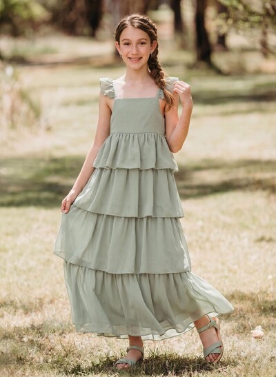 A-Line Square Neckline Sleeveless Floor-Length Chiffon Junior Bridesmaid Dresses With Cascading Ruffles
