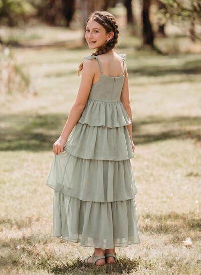 A-Line Square Neckline Sleeveless Floor-Length Chiffon Junior Bridesmaid Dresses With Cascading Ruffles