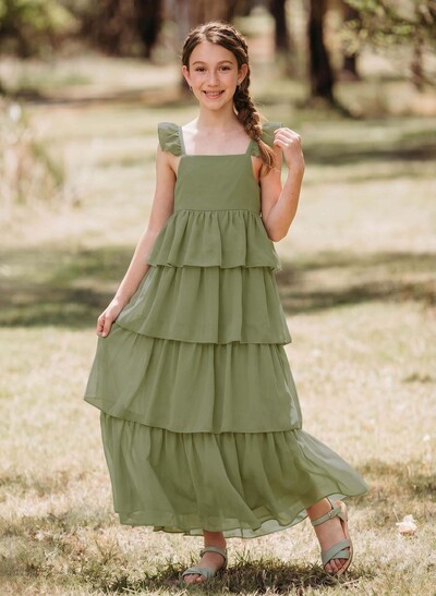 A-Line Square Neckline Sleeveless Floor-Length Chiffon Junior Bridesmaid Dresses With Cascading Ruffles