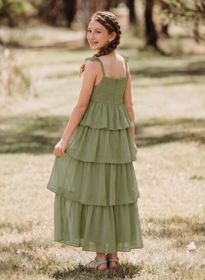 A-Line Square Neckline Sleeveless Floor-Length Chiffon Junior Bridesmaid Dresses With Cascading Ruffles