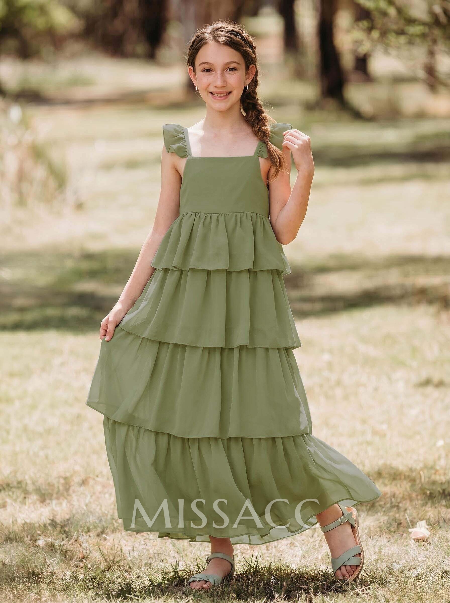 A-Line Square Neckline Sleeveless Floor-Length Chiffon Junior Bridesmaid Dresses With Cascading Ruffles