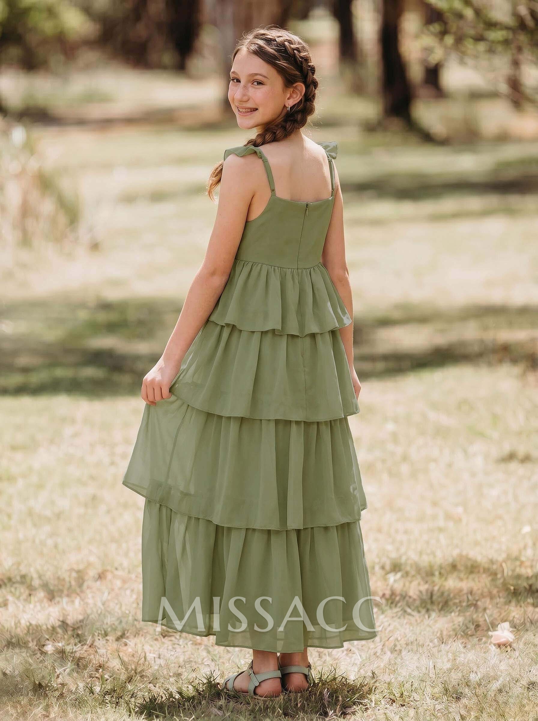 A-Line Square Neckline Sleeveless Floor-Length Chiffon Junior Bridesmaid Dresses With Cascading Ruffles