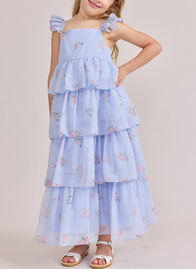 A-Line Square Neckline Sleeveless Floor-Length Junior Bridesmaid Dresses With Cascading Ruffles