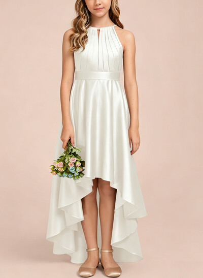 A-Line Halter Sleeveless Asymmetrical Matte Satin Junior Bridesmaid Dresses With Pleated/Sash