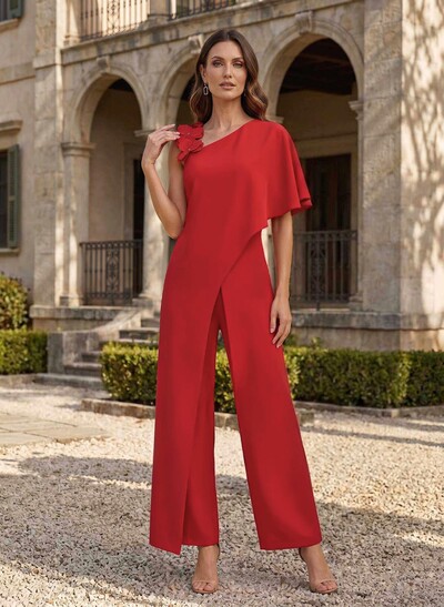 Jumpsuit/Pantsuit Asymmetrical Short Sleeves Ankle-Length Elastic Satin Mother Of The Bride Dresses With Flower(s)