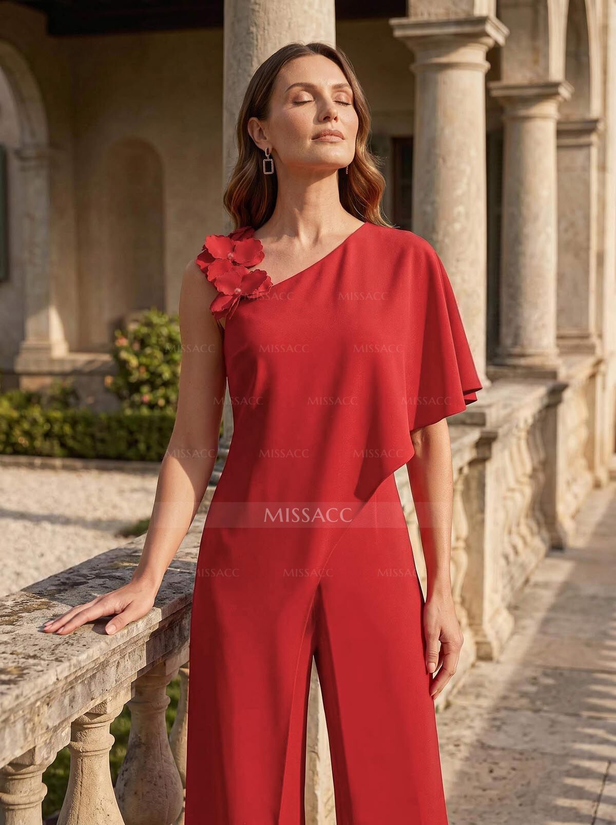Jumpsuit/Pantsuit Asymmetrical Short Sleeves Ankle-Length Elastic Satin Mother Of The Bride Dresses With Flower(s)