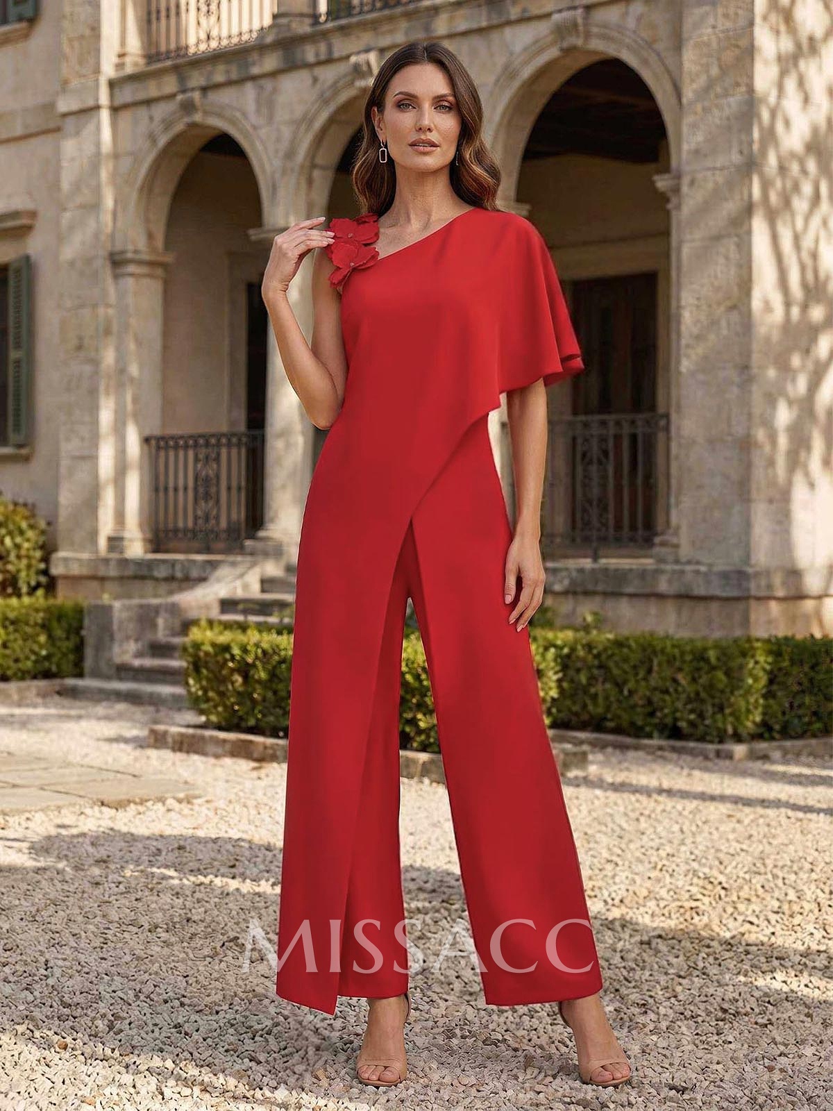 Jumpsuit/Pantsuit Asymmetrical Short Sleeves Ankle-Length Elastic Satin Mother Of The Bride Dresses With Flower(s)