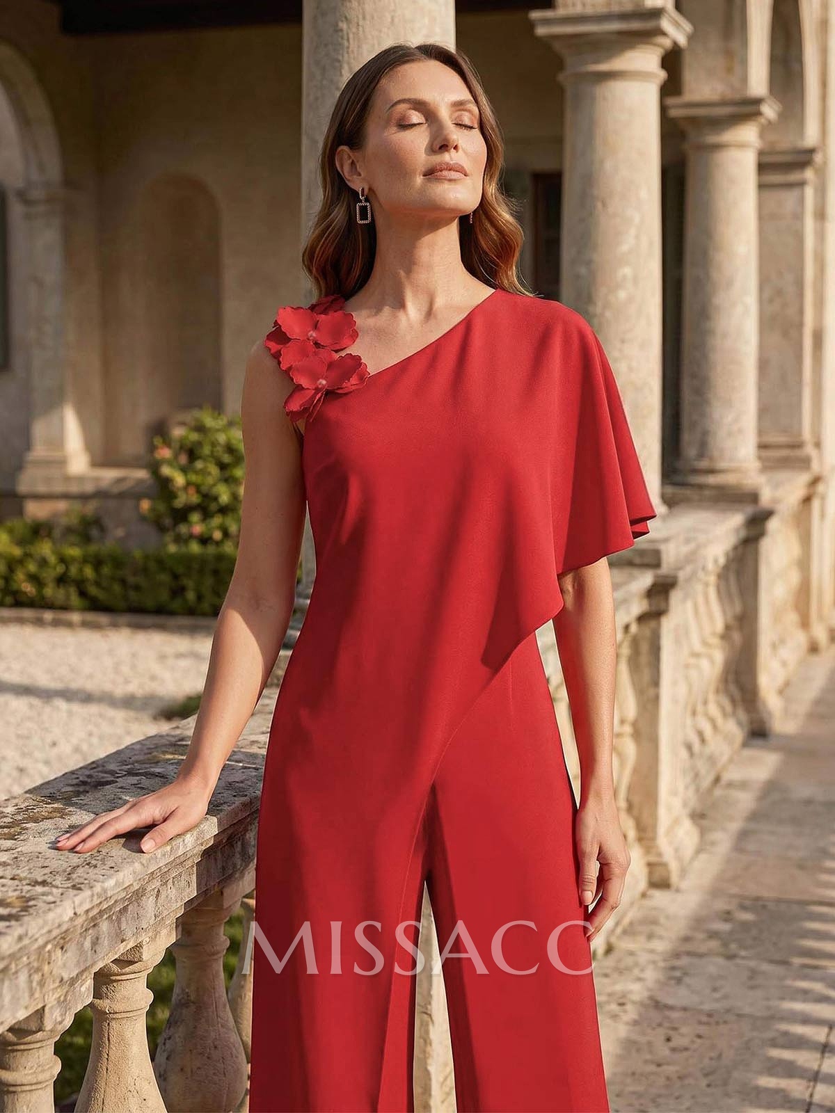 Jumpsuit/Pantsuit Asymmetrical Short Sleeves Ankle-Length Elastic Satin Mother Of The Bride Dresses With Flower(s)