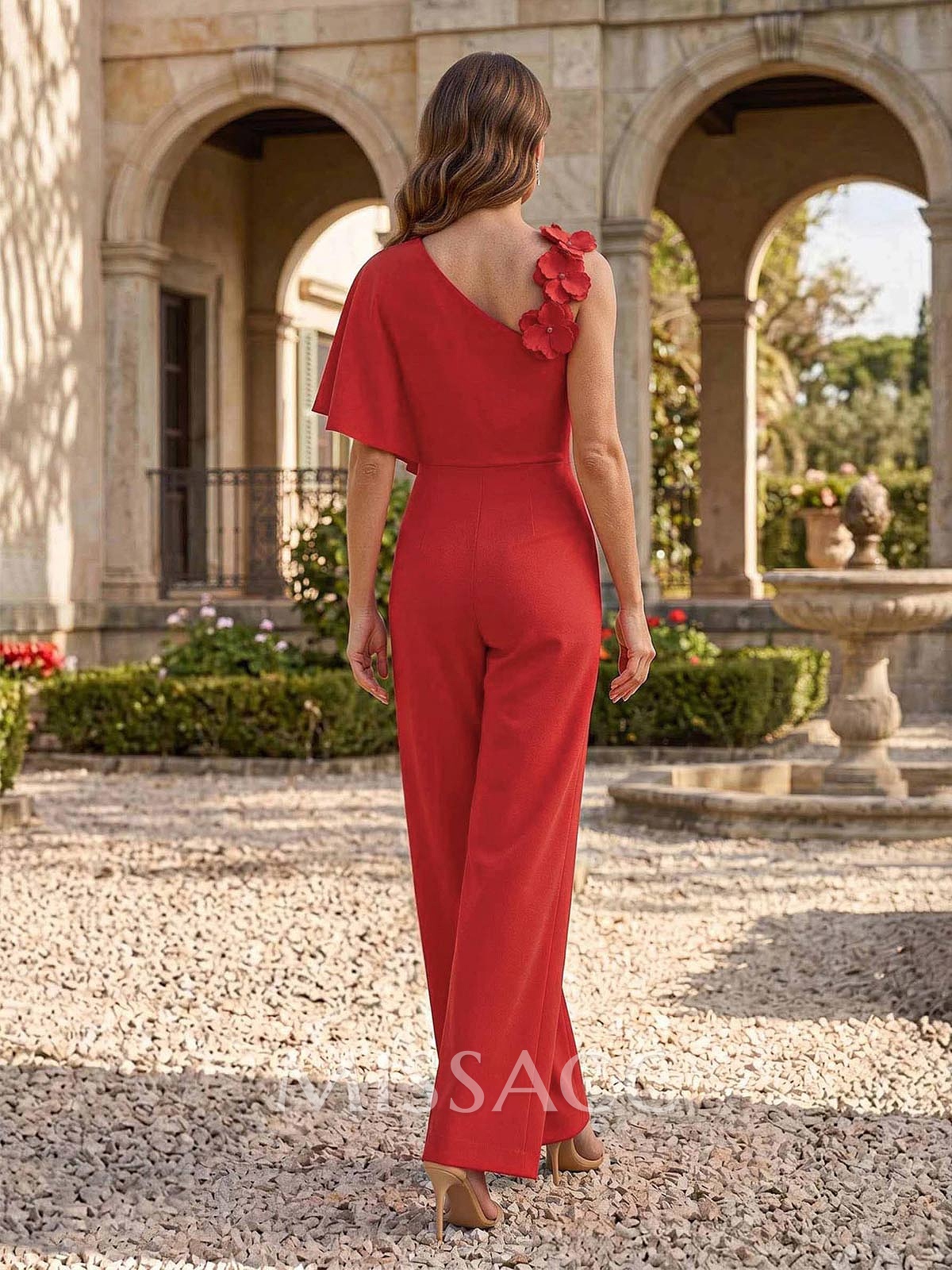 Jumpsuit/Pantsuit Asymmetrical Short Sleeves Ankle-Length Elastic Satin Mother Of The Bride Dresses With Flower(s)