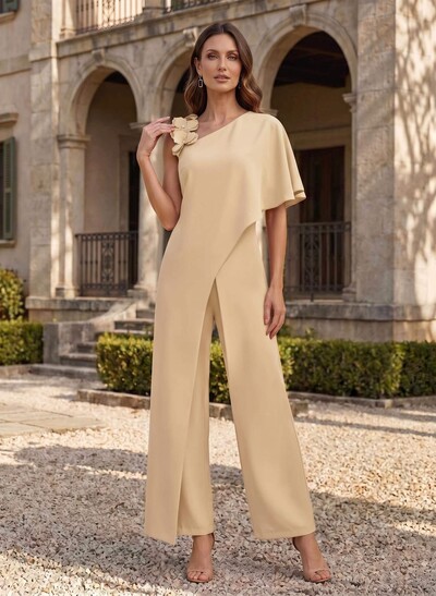 Jumpsuit/Pantsuit Asymmetrical Short Sleeves Ankle-Length Elastic Satin Mother Of The Bride Dresses With Flower(s)