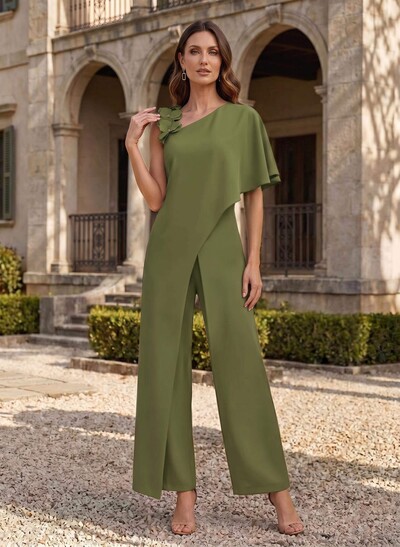 Asymmetrical Short Sleeve Floor-Length Stretch Satin Evening Jumpsuit/Pantsuit With Floral Appliqué