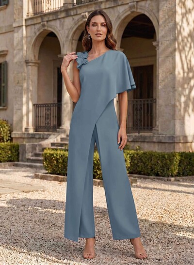Jumpsuit/Pantsuit Asymmetrical Short Sleeves Ankle-Length Elastic Satin Mother Of The Bride Dresses With Flower(s)
