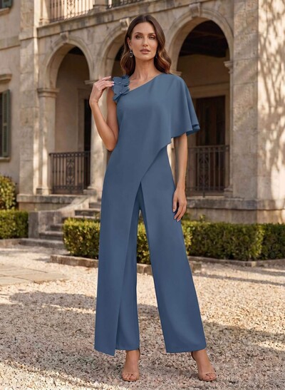 Jumpsuit/Pantsuit Asymmetrical Short Sleeves Ankle-Length Elastic Satin Mother Of The Bride Dresses With Flower(s)