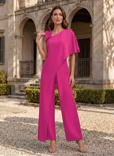 Jumpsuit/Pantsuit Asymmetrical Short Sleeves Ankle-Length Elastic Satin Mother Of The Bride Dresses With Flower(s)