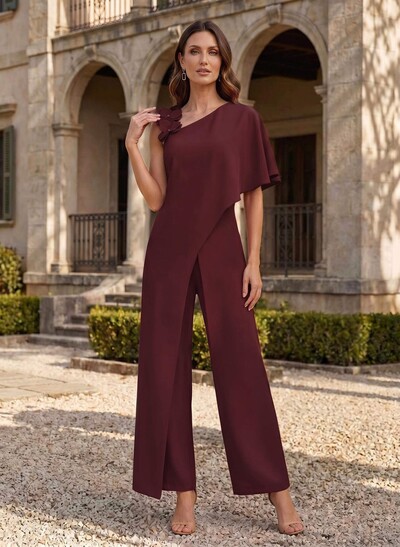 Jumpsuit/Pantsuit Asymmetrical Short Sleeves Ankle-Length Elastic Satin Mother Of The Bride Dresses With Flower(s)