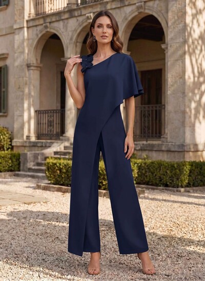 Jumpsuit/Pantsuit Asymmetrical Short Sleeves Ankle-Length Elastic Satin Mother Of The Bride Dresses With Flower(s)