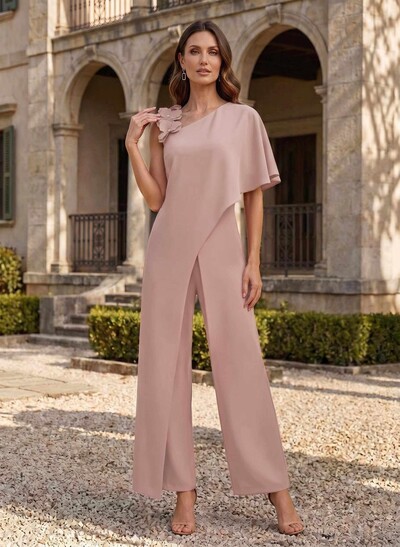 Jumpsuit/Pantsuit Asymmetrical Short Sleeves Ankle-Length Elastic Satin Mother Of The Bride Dresses With Flower(s)
