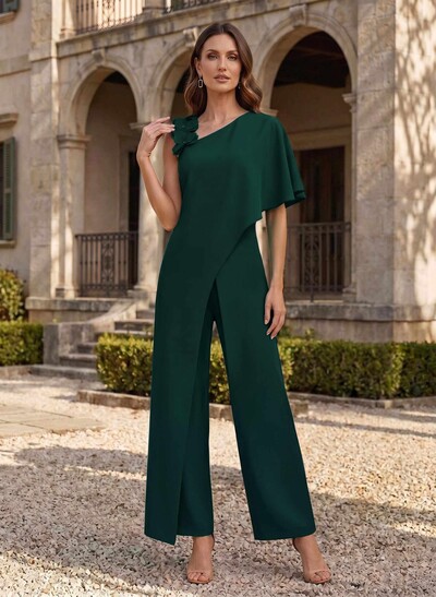 Jumpsuit/Pantsuit Asymmetrical Short Sleeves Ankle-Length Elastic Satin Mother Of The Bride Dresses With Flower(s)