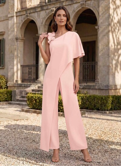 Jumpsuit/Pantsuit Asymmetrical Short Sleeves Ankle-Length Elastic Satin Mother Of The Bride Dresses With Flower(s)