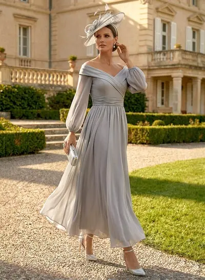 A-Line Off-The-Shoulder Long Sleeves Ankle-Length Chiffon Mother Of The Bride Dresses With Pleated