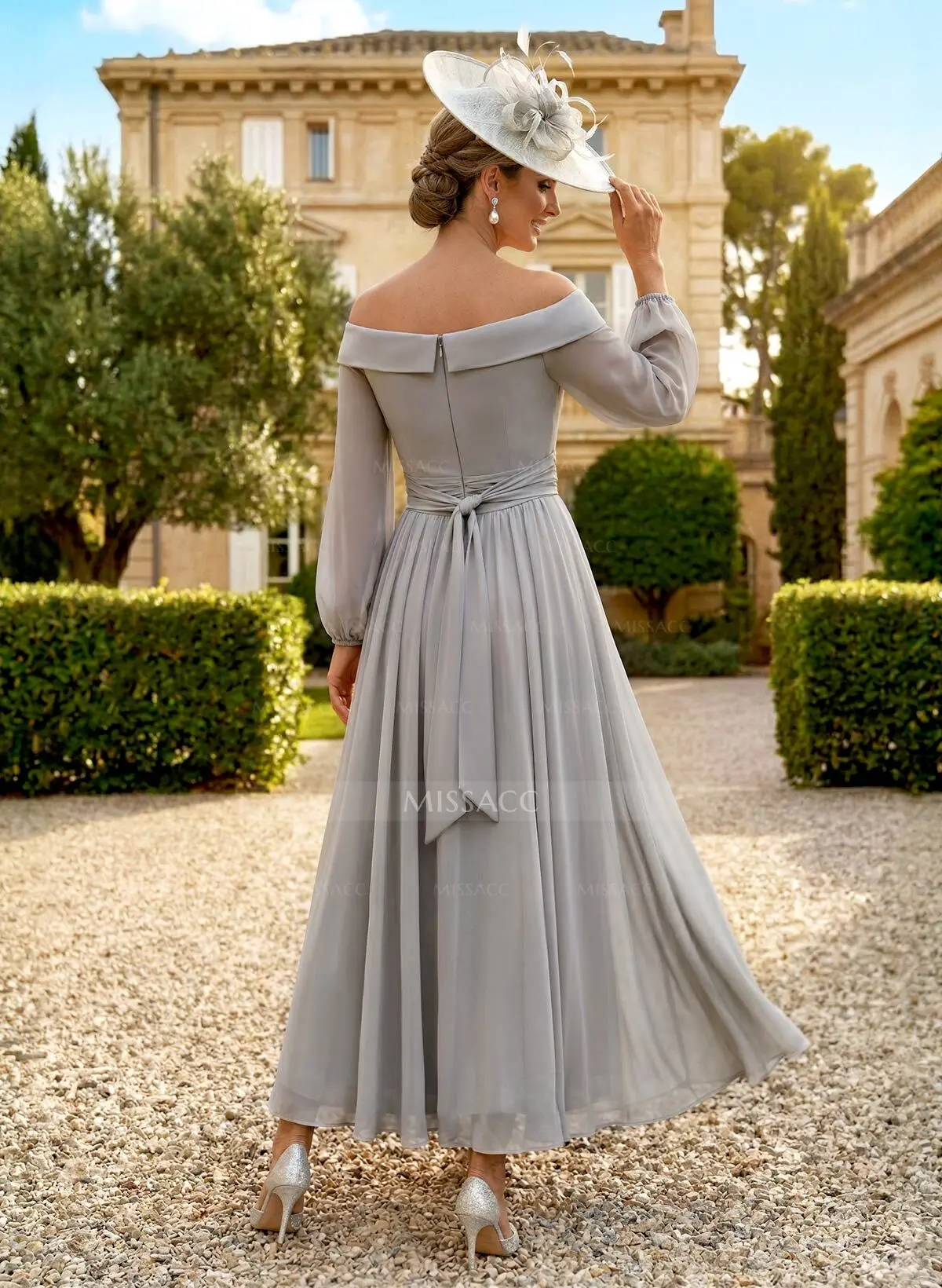 strapless open back dress Silver Grey Sheath Satin Half Sleeves Mother Of The Bride Dress main image 1