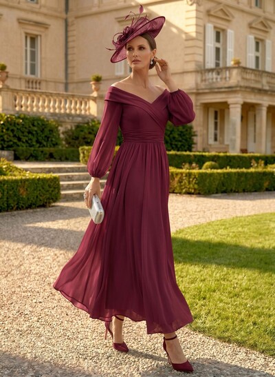 A-Line Off-The-Shoulder Long Sleeves Ankle-Length Chiffon Mother Of The Bride Dresses With Pleated