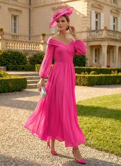 A-Line Off-The-Shoulder Long Sleeves Ankle-Length Chiffon Mother Of The Bride Dresses With Pleated