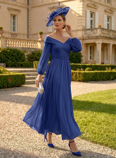 A-Line Off-The-Shoulder Long Sleeves Ankle-Length Chiffon Mother Of The Bride Dresses With Pleated
