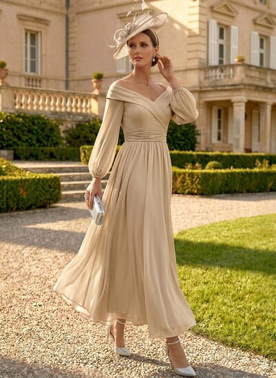 A-Line Off-The-Shoulder Long Sleeves Ankle-Length Chiffon Mother Of The Bride Dresses With Pleated