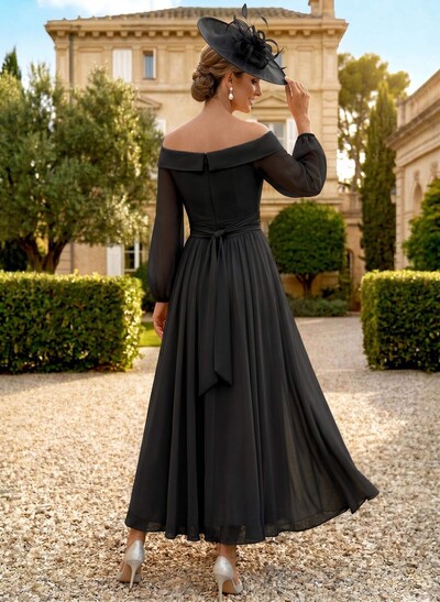 A-Line Off-The-Shoulder Long Sleeves Ankle-Length Chiffon Mother Of The Bride Dresses With Pleated