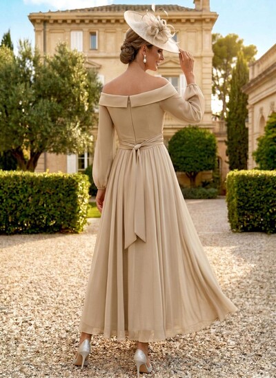 A-Line Off-The-Shoulder Long Sleeves Ankle-Length Chiffon Mother Of The Bride Dresses With Pleated