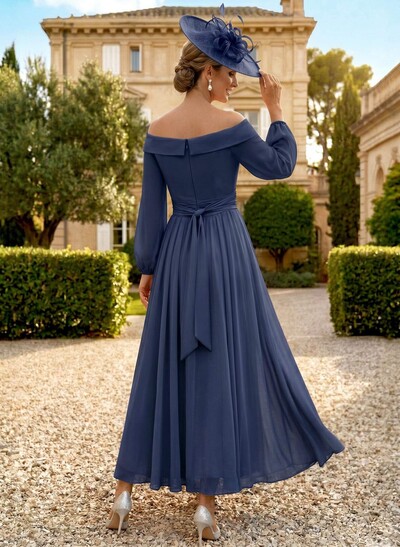 A-Line Off-The-Shoulder Long Sleeves Ankle-Length Chiffon Mother Of The Bride Dresses With Pleated