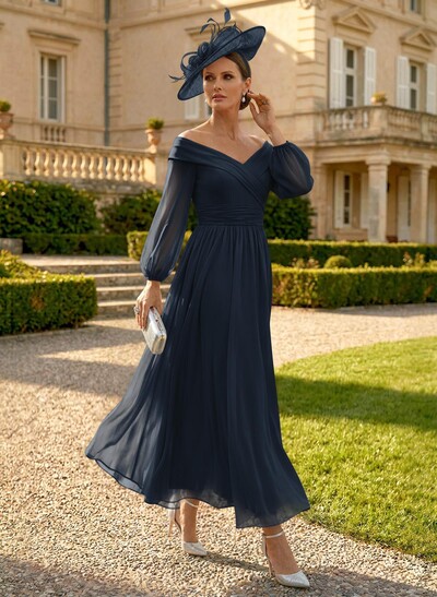 A-Line Off-The-Shoulder Long Sleeves Ankle-Length Chiffon Mother Of The Bride Dresses With Pleated
